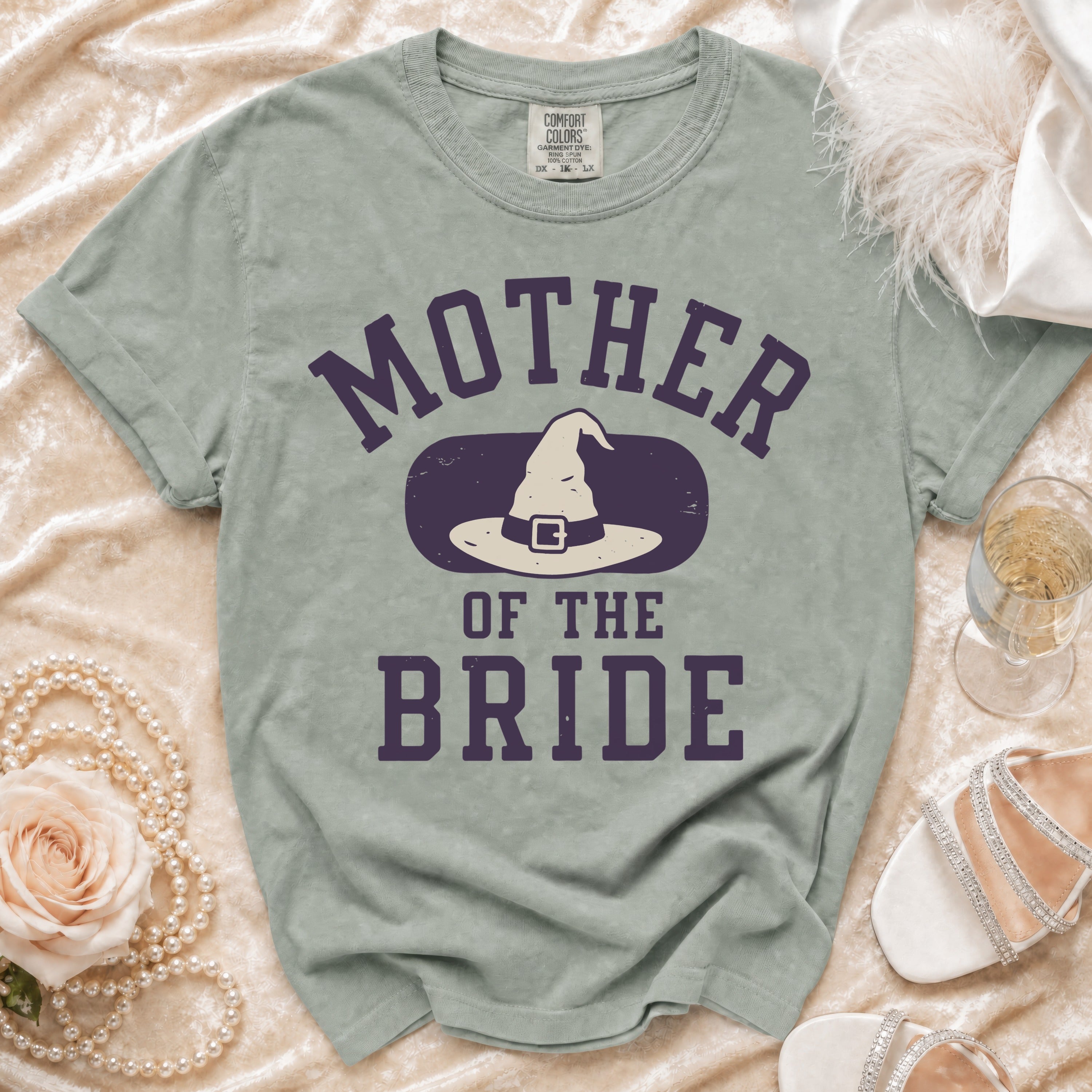 Mother of the Bride t-shirt with witch hat graphic and text.