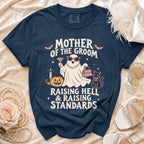 "Mother of the Groom" graphic t-shirt with ghost, cat, and Halloween elements.