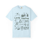Camp Martha t-shirt with camping, hiking, and drink illustrations.