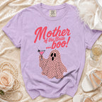 Lavender t-shirt with "Mother of the Bride ...boo!" text and a ghost holding a martini.