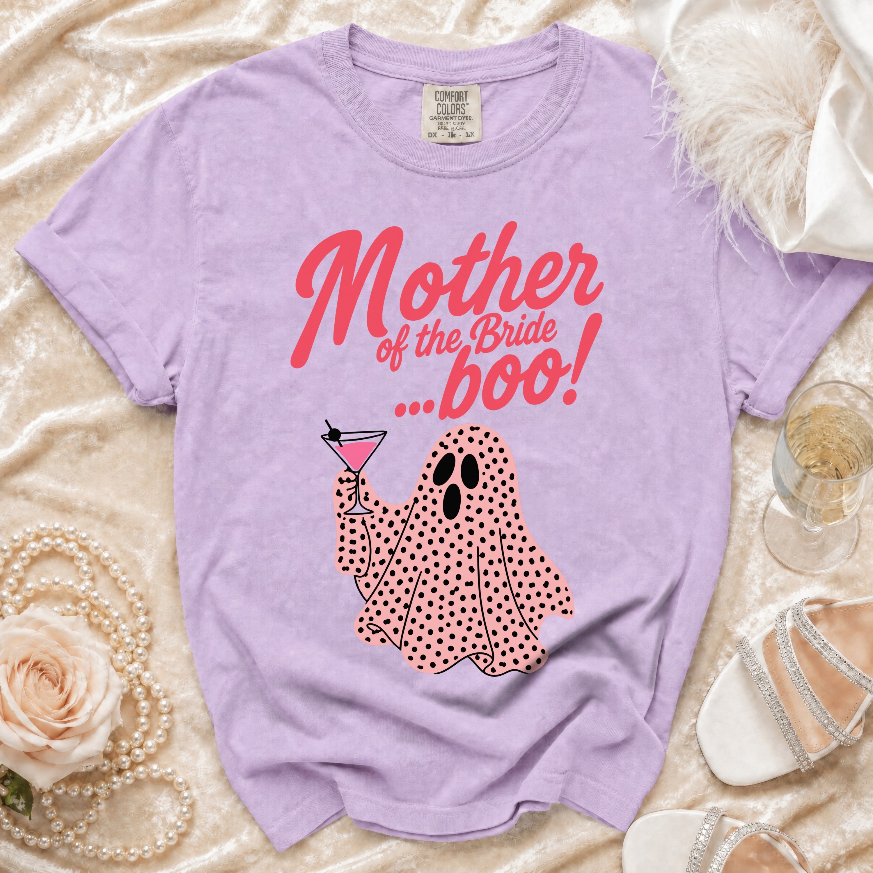 Lavender t-shirt with "Mother of the Bride ...boo!" text and a ghost holding a martini.