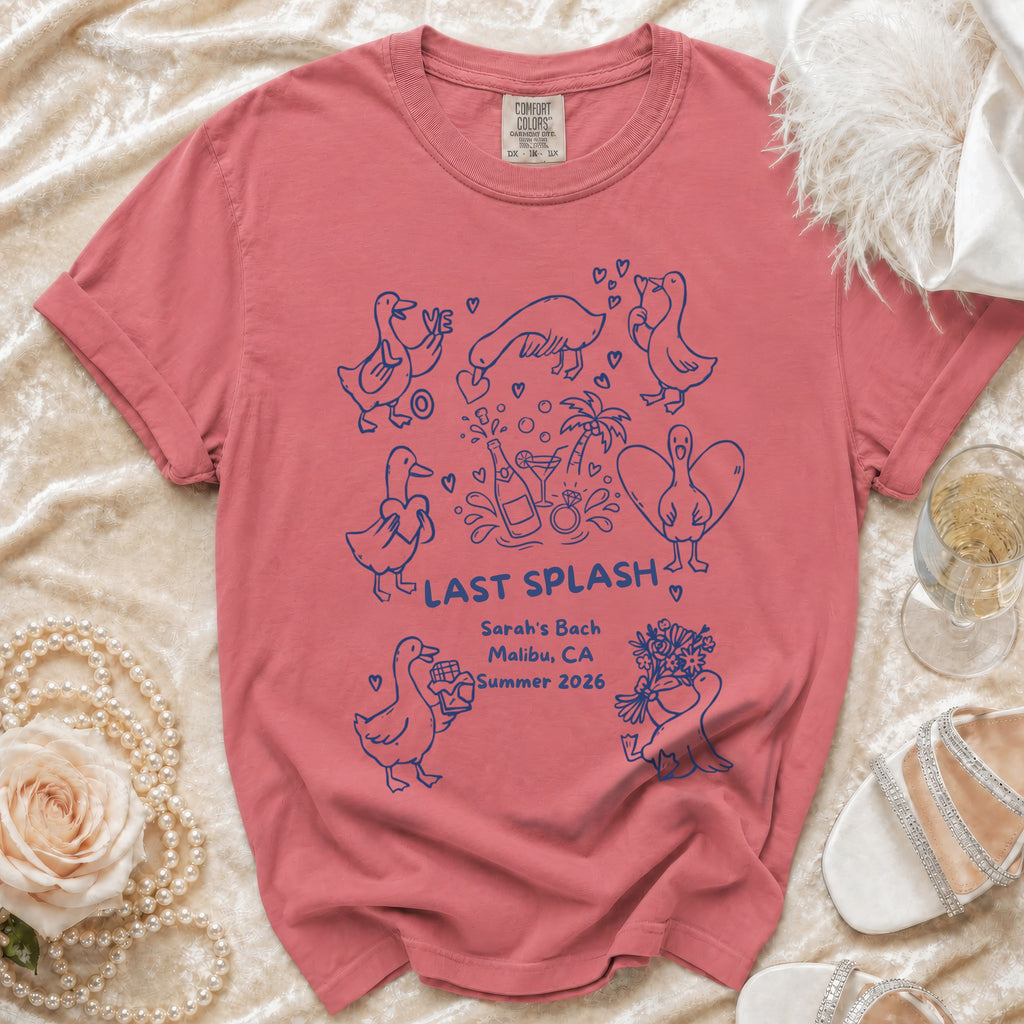 Coral t-shirt with "Last Splash Sarah's Bach Malibu CA Summer 2026" and duck illustrations.