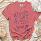 Coral t-shirt with "Last Splash Sarah's Bach Malibu CA Summer 2026" and duck illustrations.