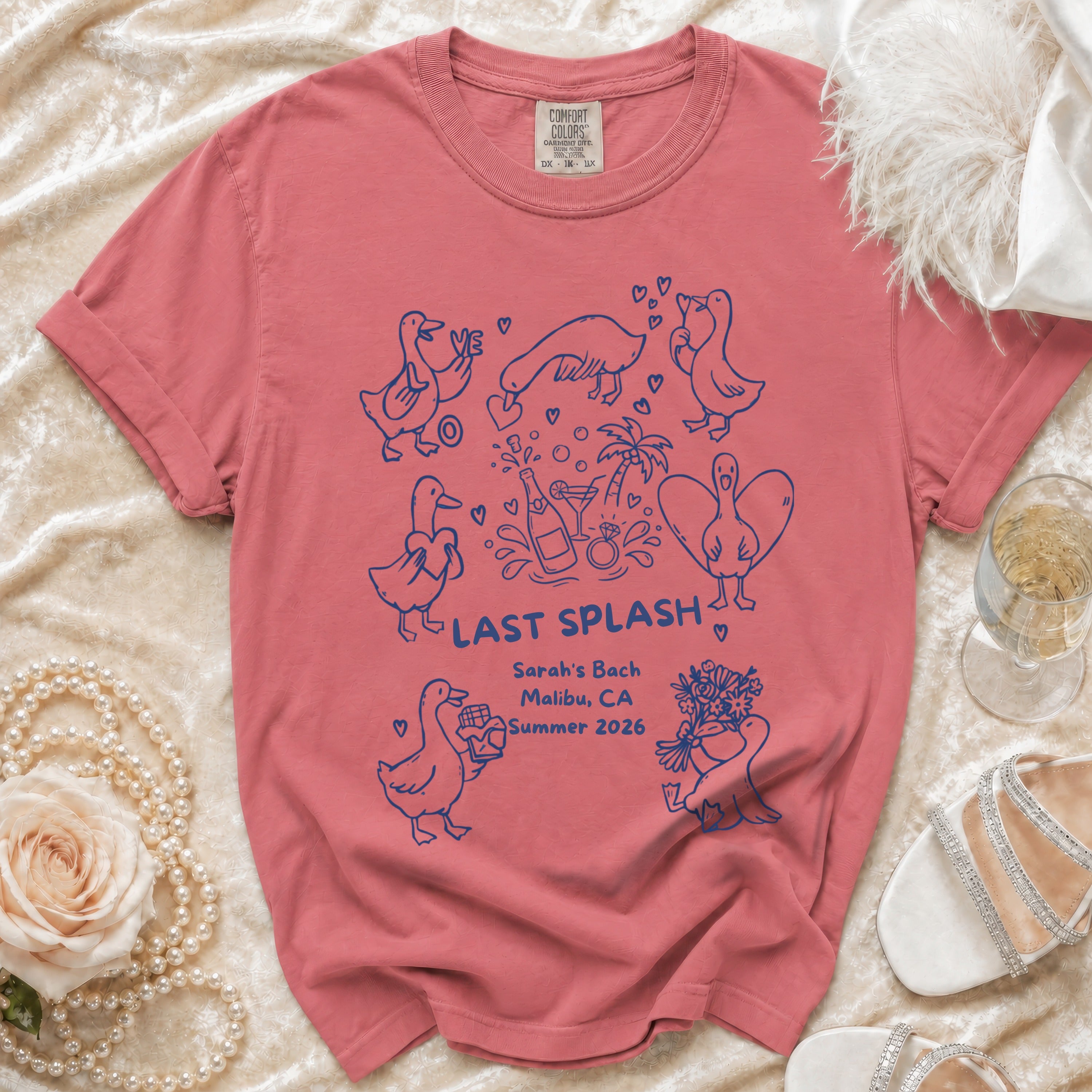 Coral t-shirt with "Last Splash Sarah's Bach Malibu CA Summer 2026" and duck illustrations.