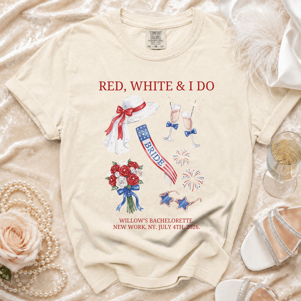 Cream t-shirt with "Red, White & I Do Bride" and patriotic graphics.