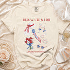 Cream t-shirt with "Red, White & I Do Bride" and patriotic graphics.