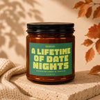 Amber jar candle with green label reading "Booked: A Lifetime of Date Nights".
