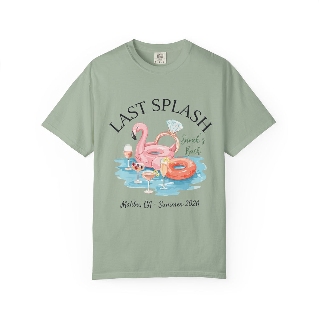 "Last Splash" themed t-shirt with pink flamingo, rings, and drinks.