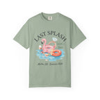 "Last Splash" themed t-shirt with pink flamingo, rings, and drinks.