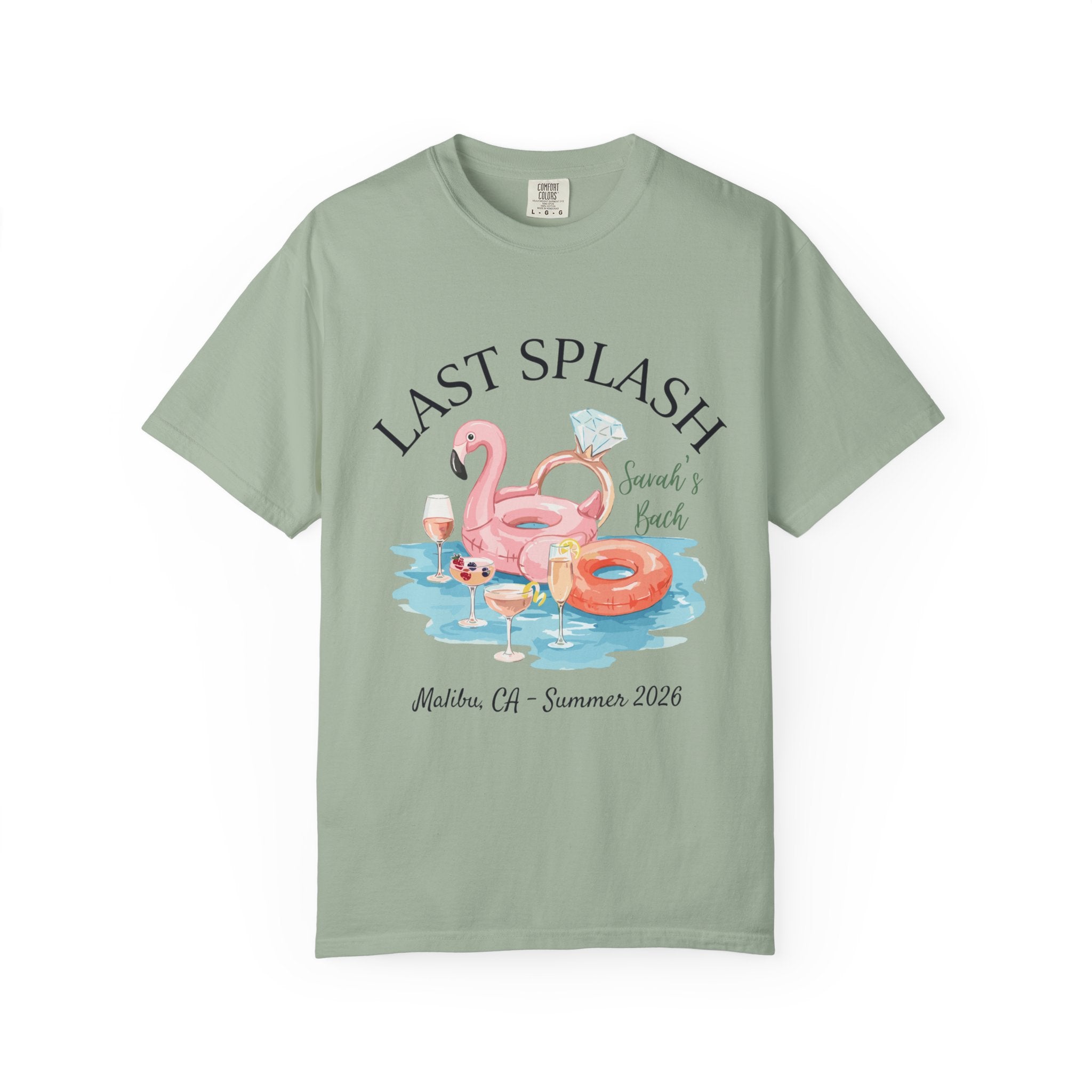 "Last Splash" themed t-shirt with pink flamingo, rings, and drinks.