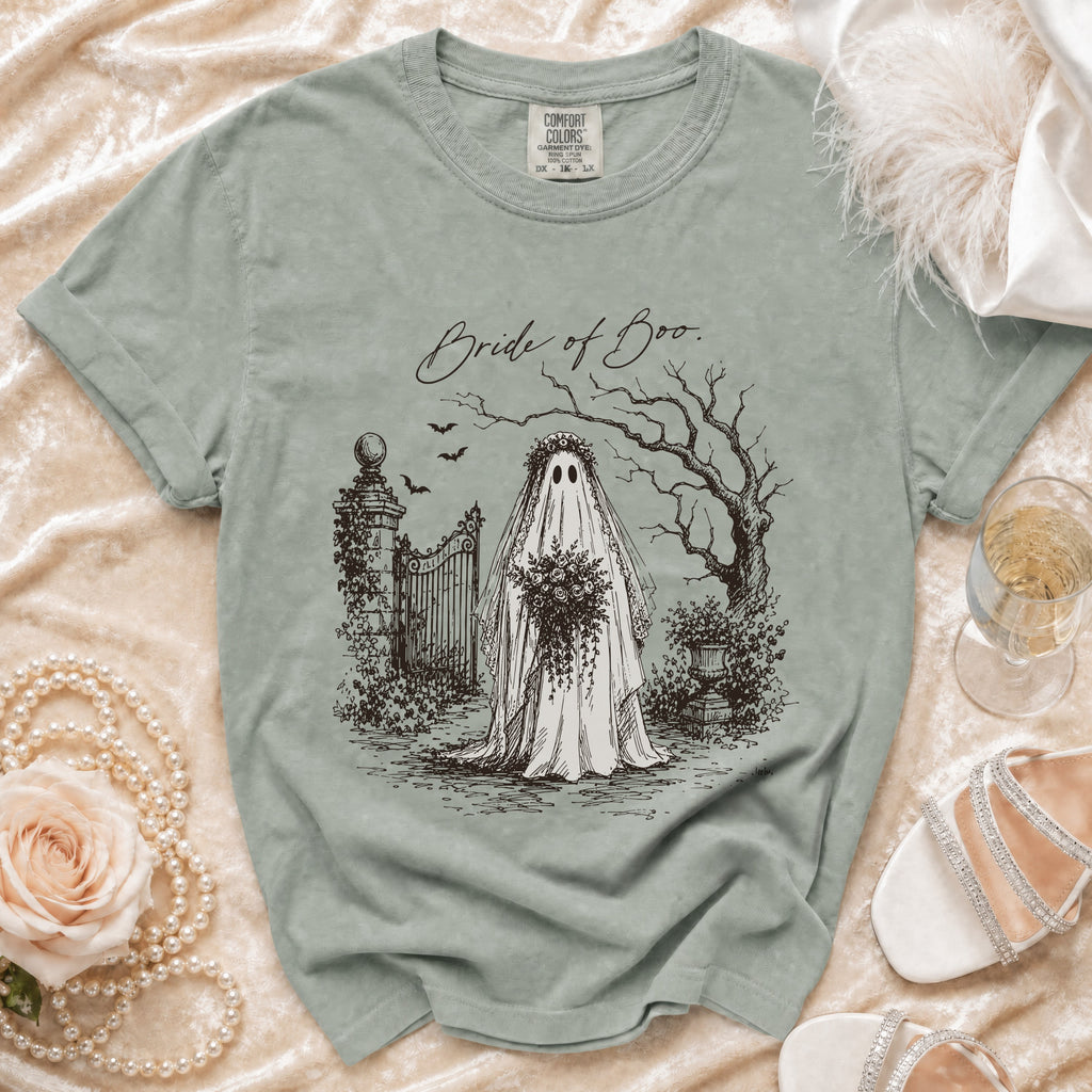 T-shirt with "Bride of Boo" text and ghost bride illustration.