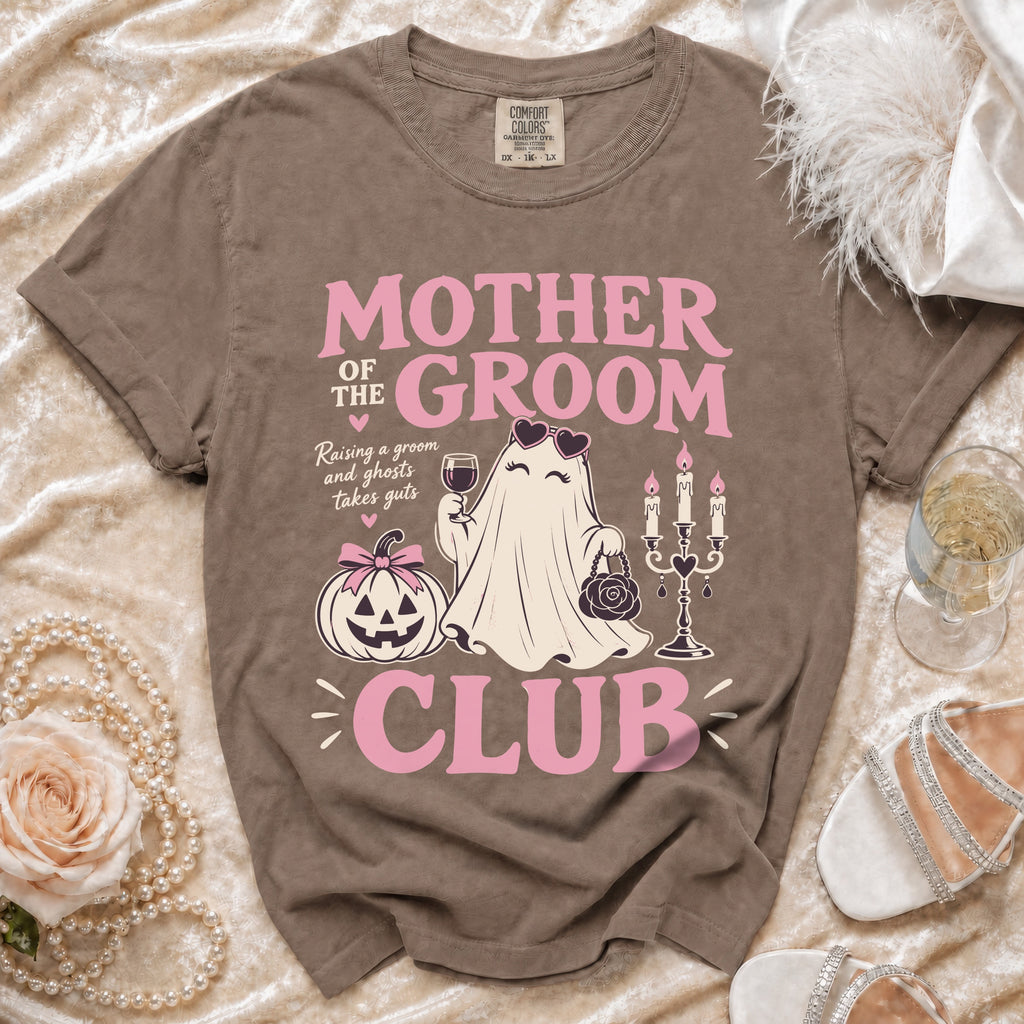 Brown t-shirt with pink text: "Mother of the Groom Club" featuring a ghost.