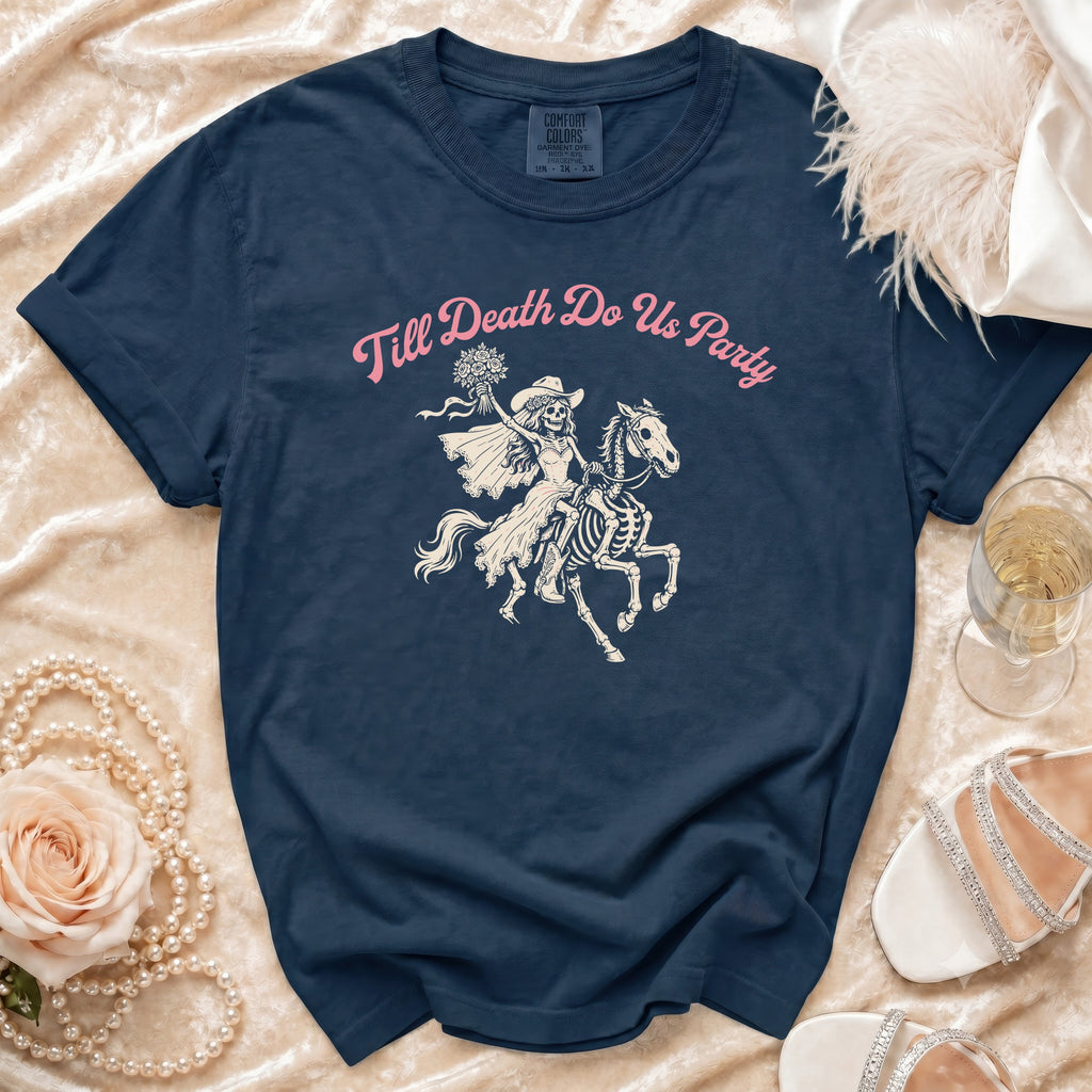Navy t-shirt with "Till Death Do Us Party" text and skeleton bride on horse graphic.