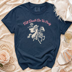 Navy t-shirt with "Till Death Do Us Party" text and skeleton bride on horse graphic.