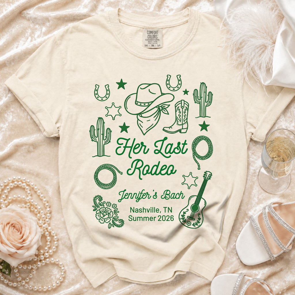 "Her Last Rodeo" bachelorette t-shirt with western and cactus graphics.