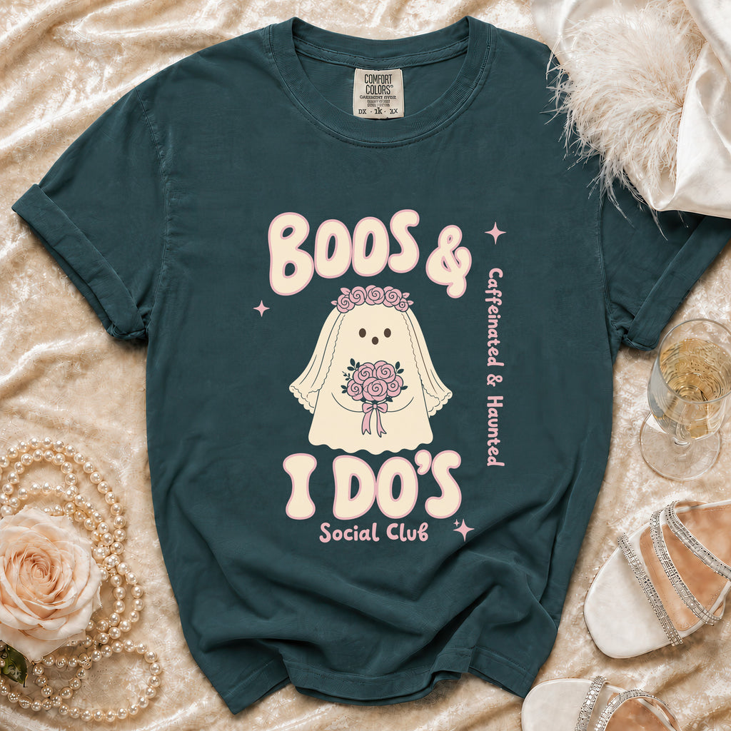 Green t-shirt with "Boos & I Do's Social Club" and ghost graphic.