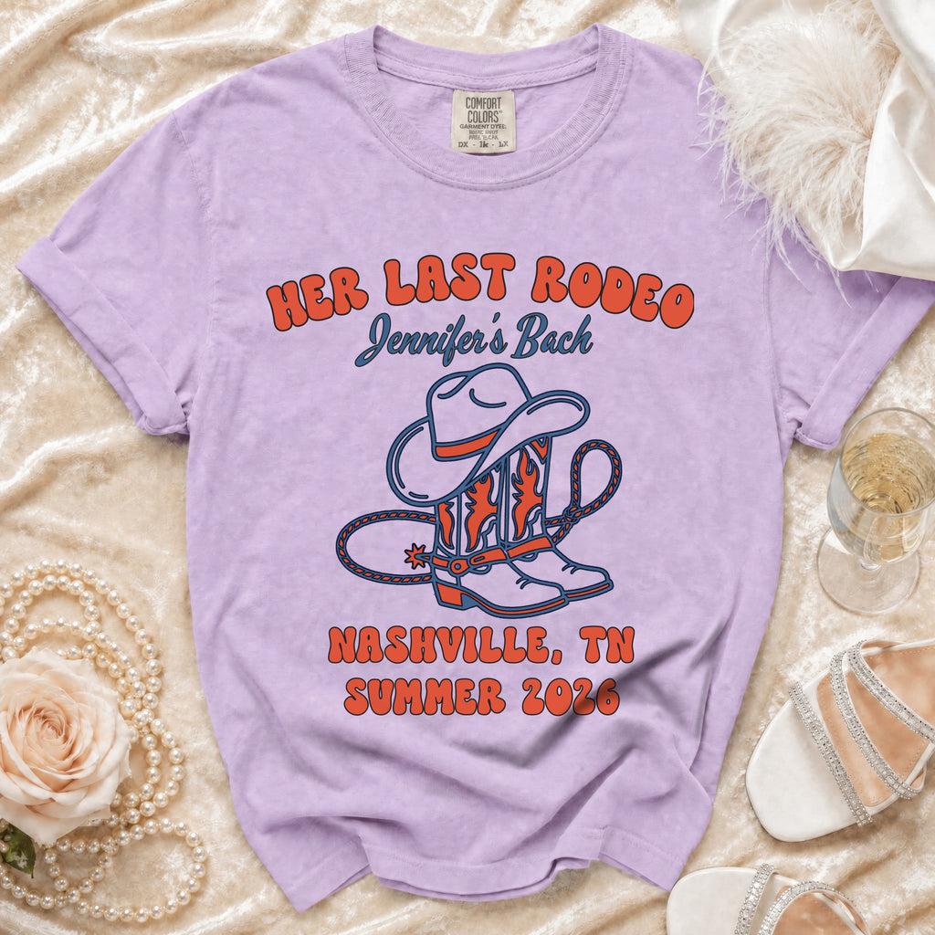 Lavender t-shirt with "Her Last Rodeo Jennifer's Back Nashville, TN Summer 2026" and cowboy boots graphic.