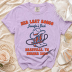 Lavender t-shirt with "Her Last Rodeo Jennifer's Back Nashville, TN Summer 2026" and cowboy boots graphic.