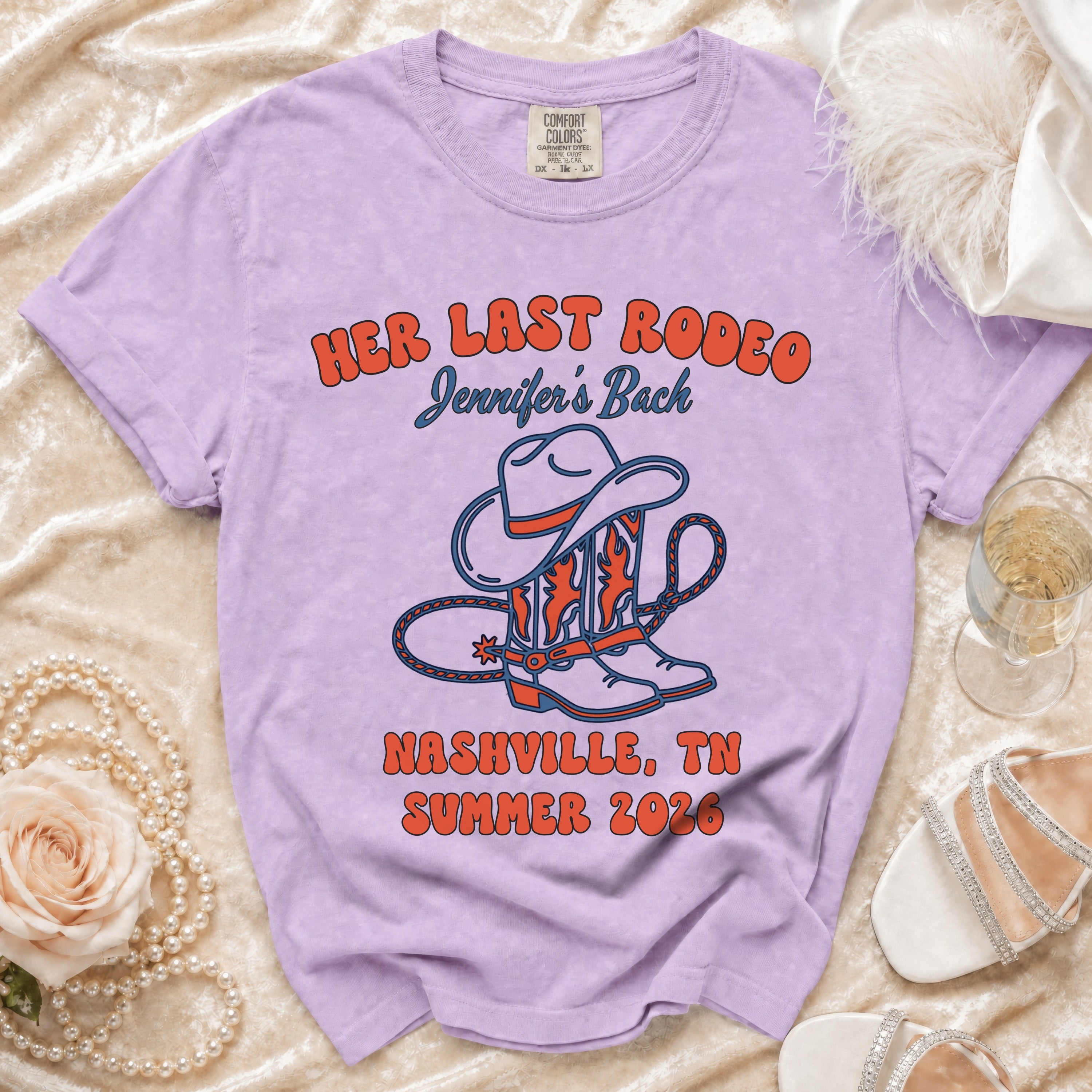 Lavender t-shirt with "Her Last Rodeo Jennifer's Back Nashville, TN Summer 2026" and cowboy boots graphic.