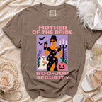 Brown t-shirt with "Mother of the Bride Boo-Job Security" graphic.