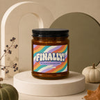 Glass candle with "FINALLY! WE CALLED IT ON DATE THREE VOWED" text on wavy background.