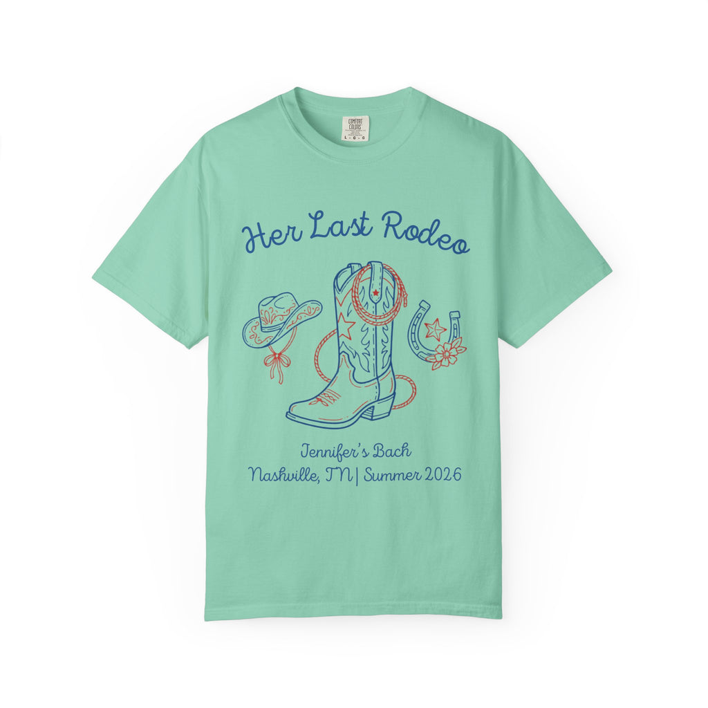 Mint green t-shirt with "Her Last Rodeo" and Western graphics.