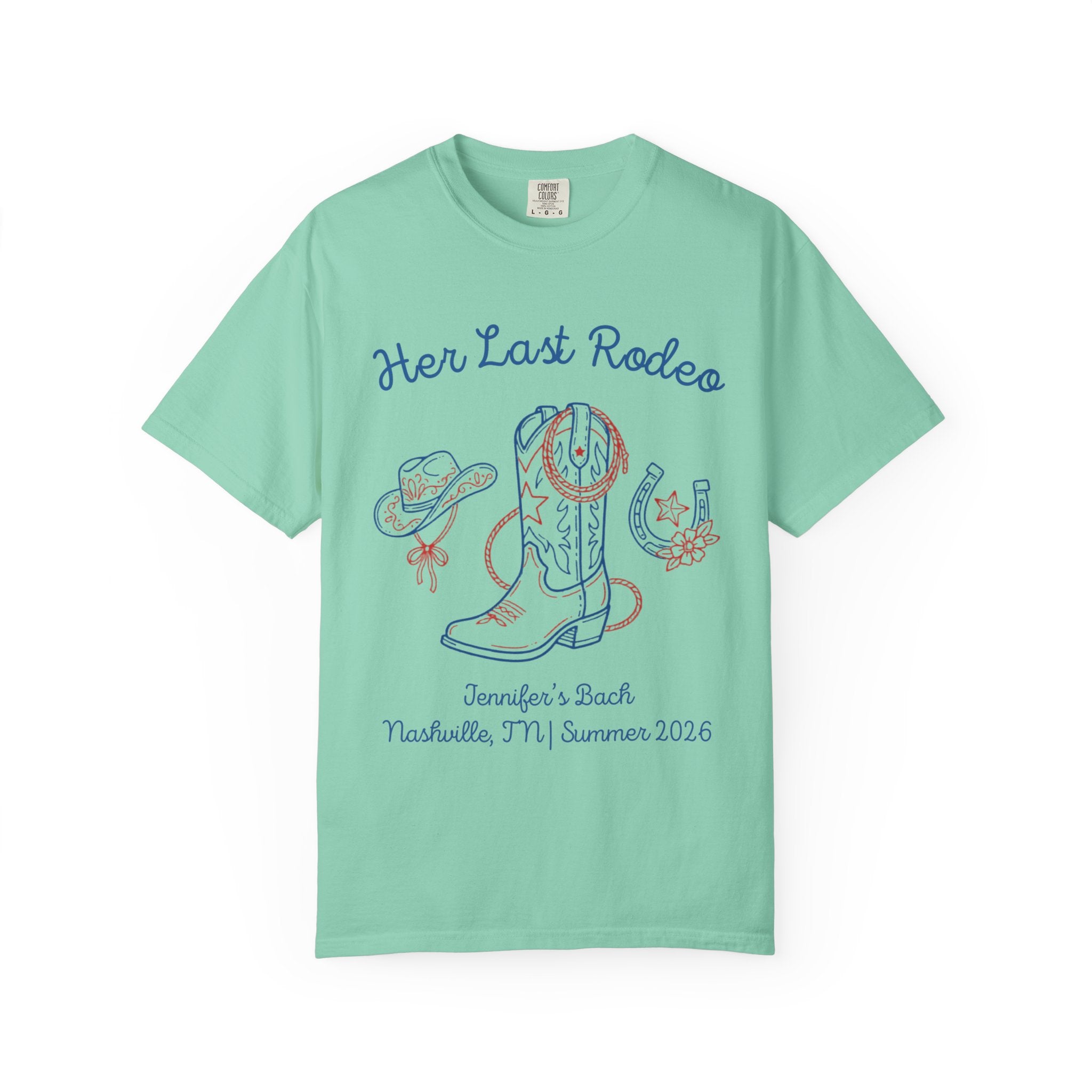 Mint green t-shirt with "Her Last Rodeo" and Western graphics.