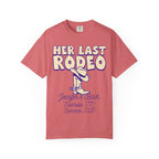 Coral t-shirt with "HER LAST RODEO" text, cowboy boot, and event details.