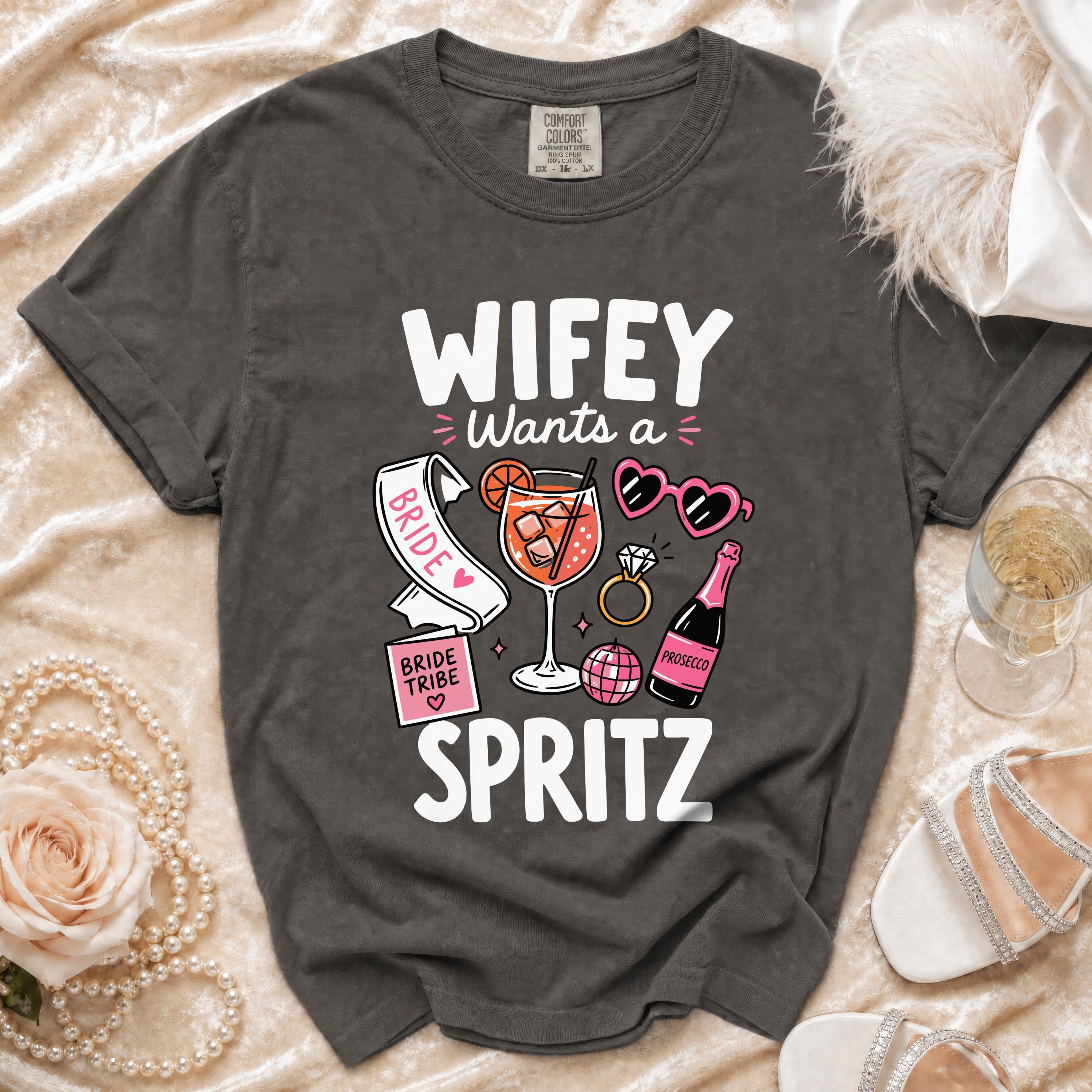 Dark grey t-shirt with "Wifey Wants a Spritz" design, featuring a cocktail and wedding elements.