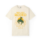Her Last Rodeo graphic with cowboy, horse, sunset, and text for Jennifer's Bach.