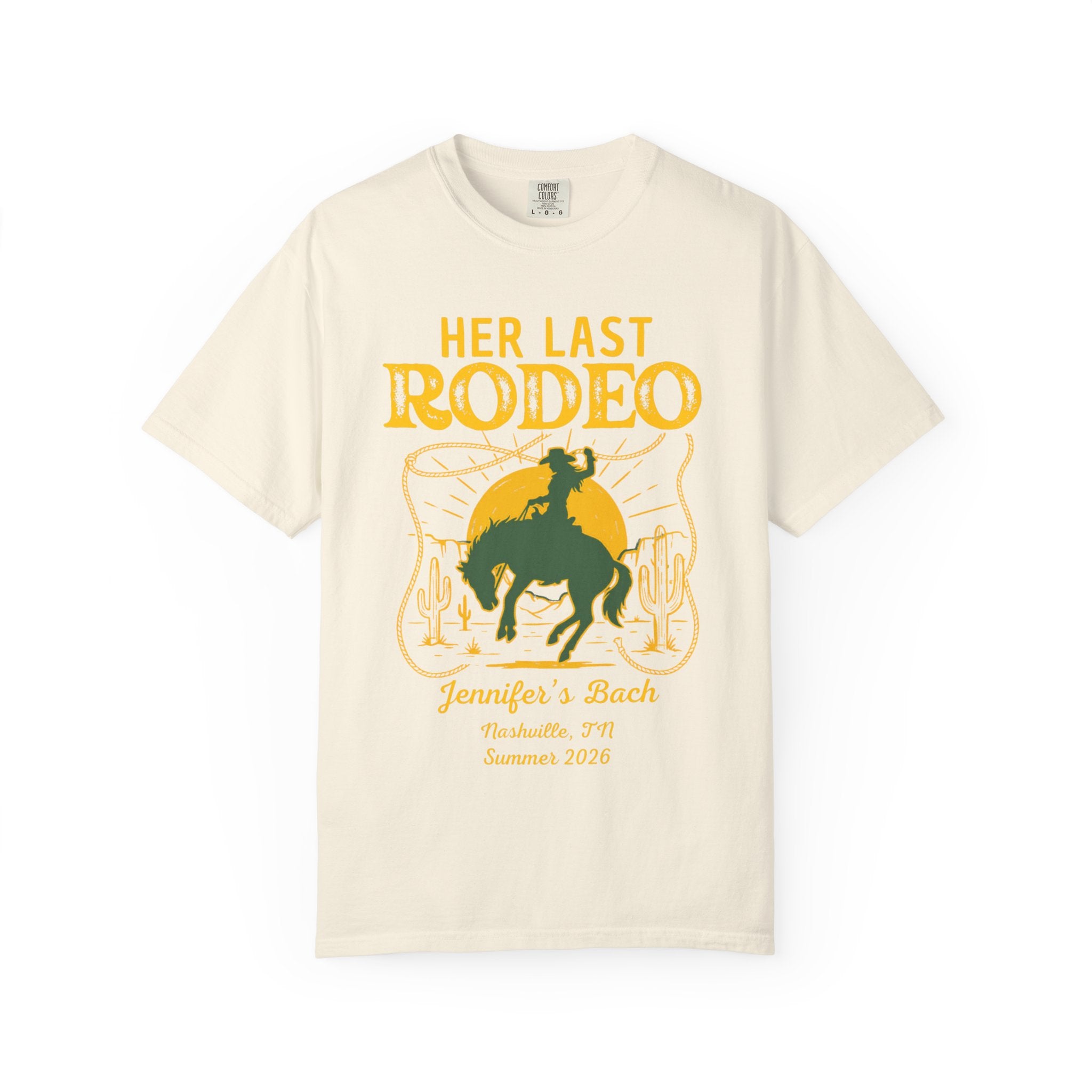 Her Last Rodeo graphic with cowboy, horse, sunset, and text for Jennifer's Bach.