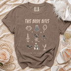 Brown t-shirt with "This Bride Bites" and gothic wedding icons.