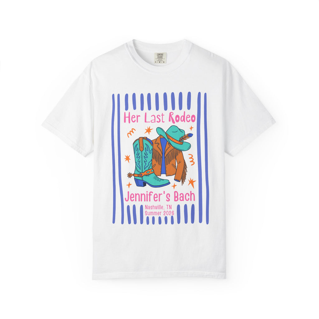 White t-shirt with "Her Last Rodeo Jennifer's Bach" graphic and cowboy boots.