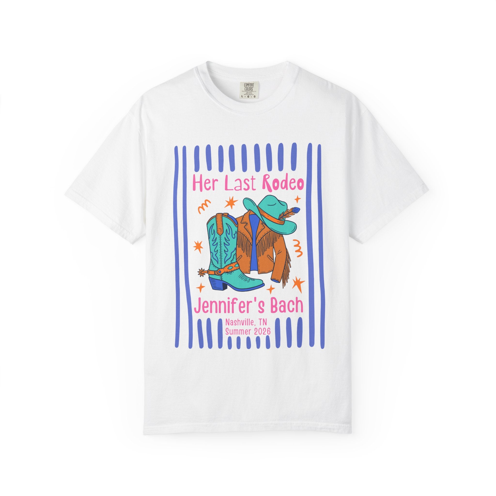 White t-shirt with "Her Last Rodeo Jennifer's Bach" graphic and cowboy boots.