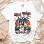 White t-shirt with "Red, White & I Do" and "Willow's Bachelorette" text.