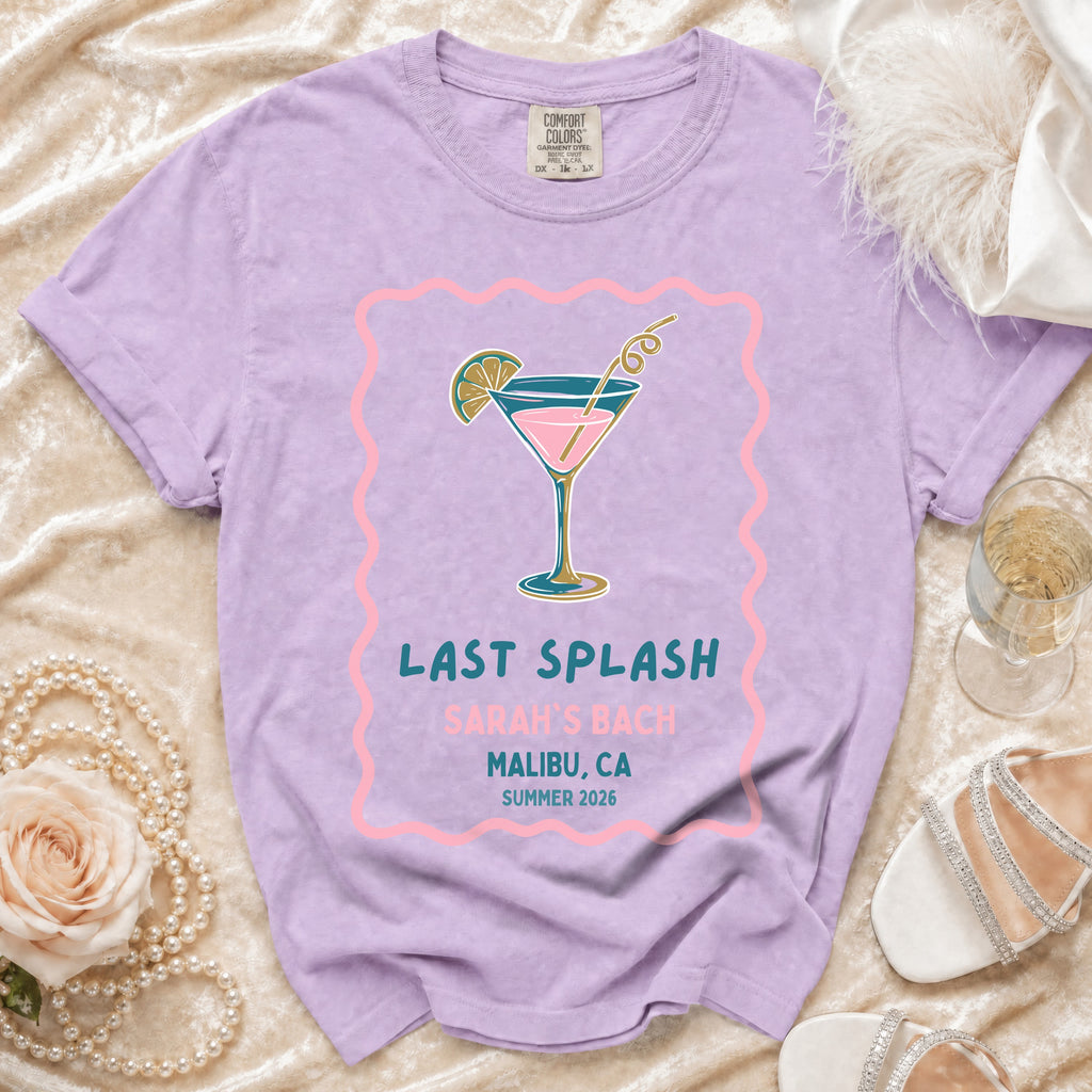 Purple t-shirt with "Last Splash Sarah's Bach Malibu, CA Summer 2026" graphic.