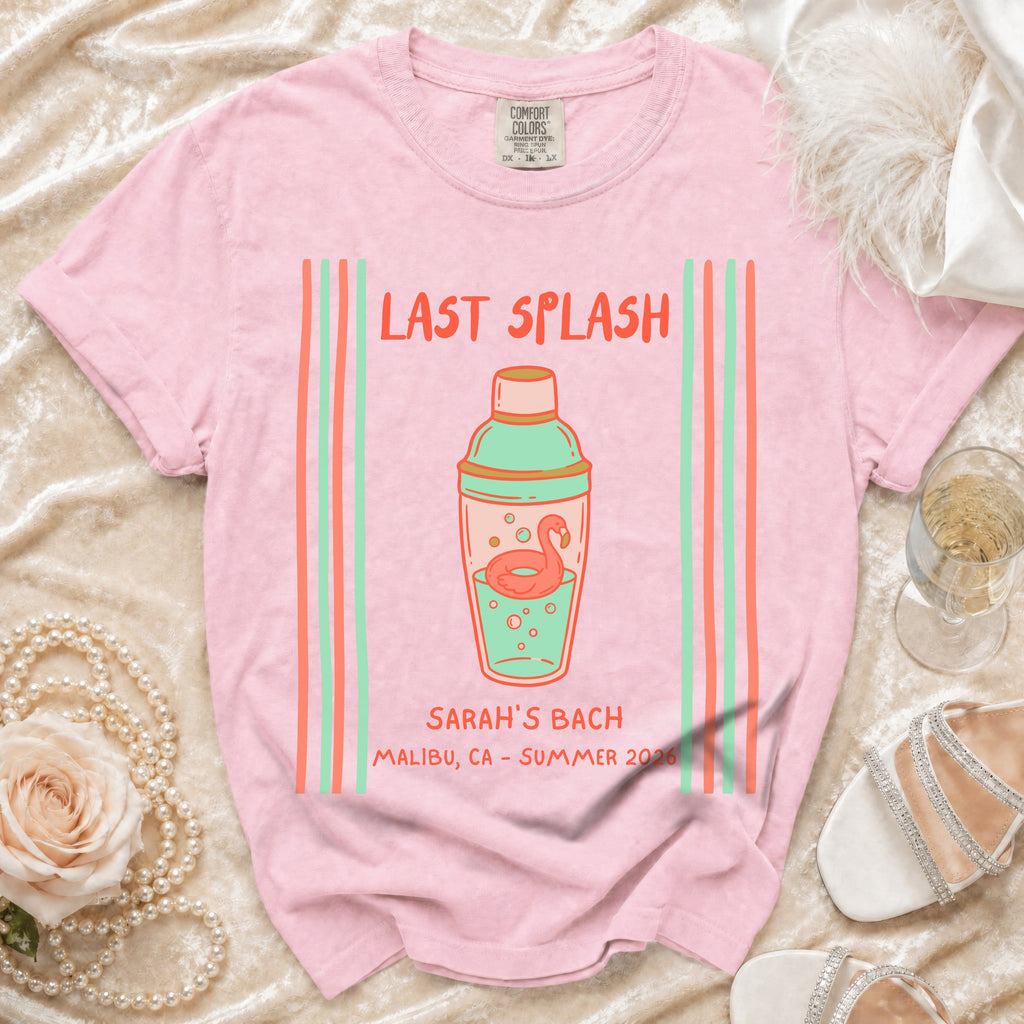 Pink t-shirt with "Last Splash" cocktail graphic for Sarah's Bach, Malibu, CA.