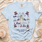 Light blue bachelorette t-shirt with patriotic graphics and text "Red, White & I Do".