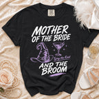Black t-shirt with "Mother of the Bride" and "Tying the Knot and the Broom" text.