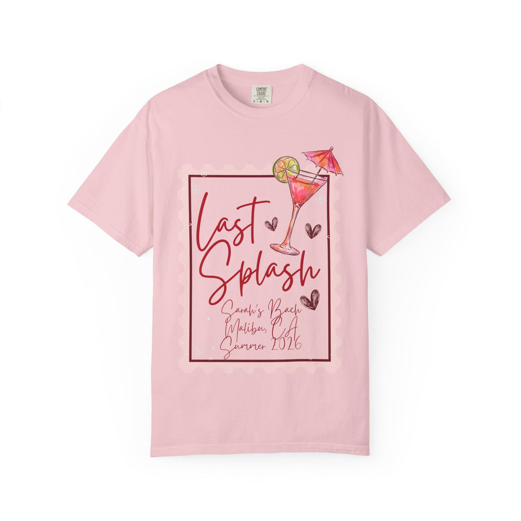 Pink t-shirt with "Last Splash" cocktail graphic and text.