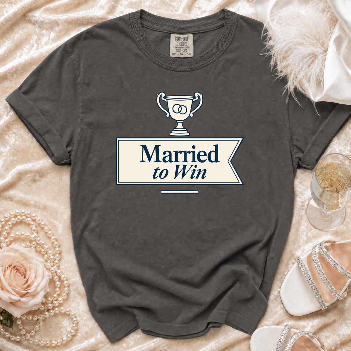 Dark gray t-shirt with "Married to Win" and trophy graphic.