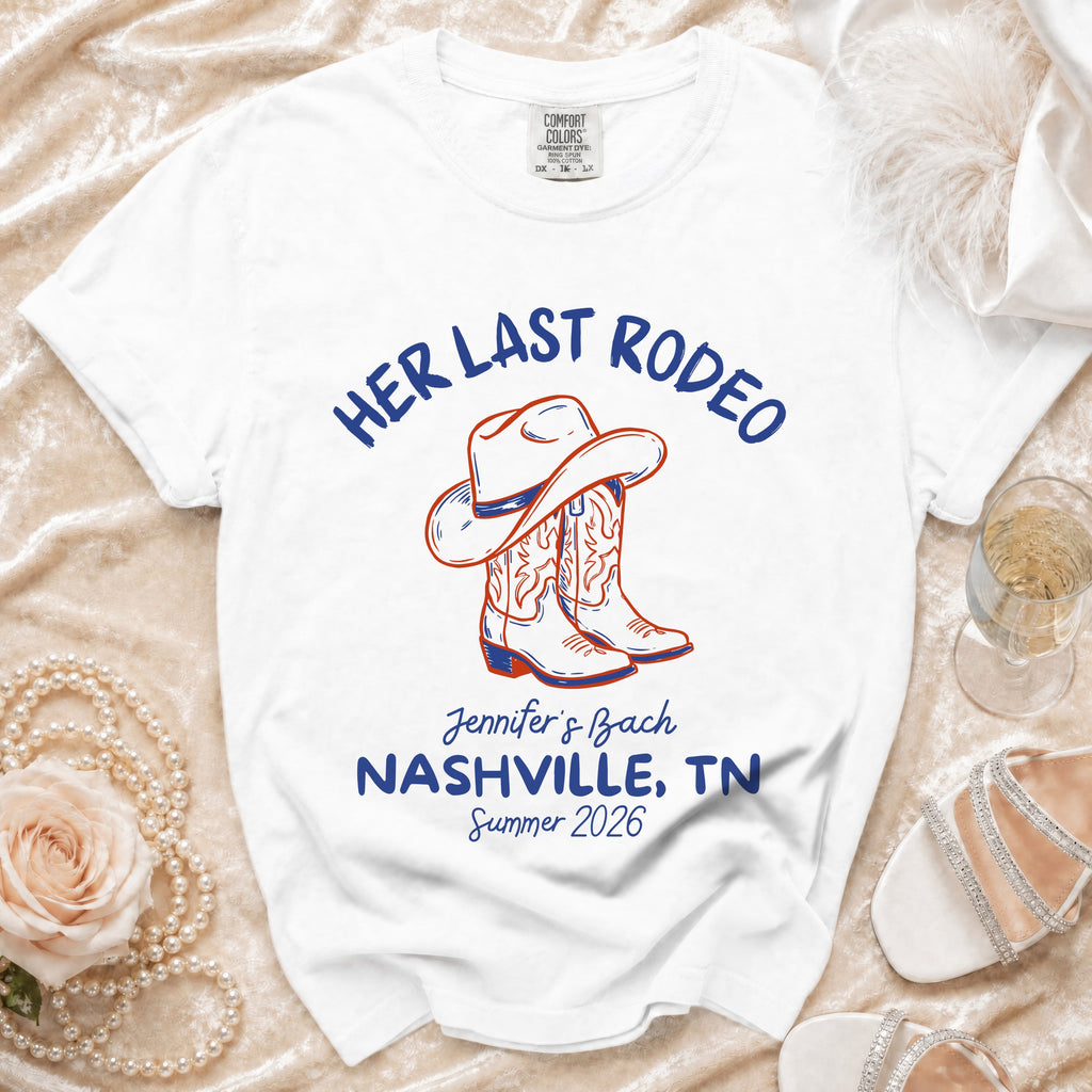 White t-shirt with "Her Last Rodeo" text, cowboy boots, and Nashville, TN summer 2026.
