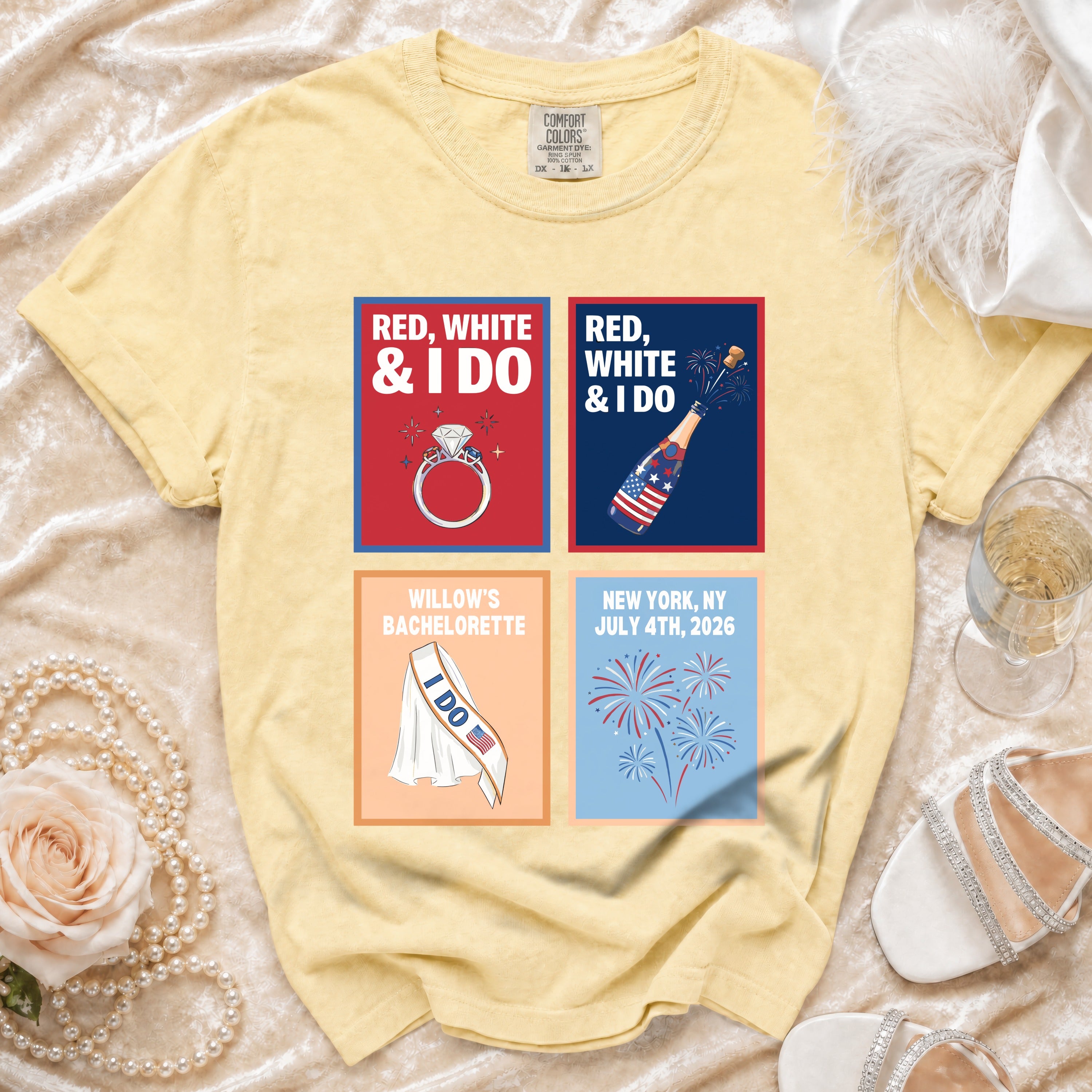 Yellow t-shirt graphic for "Red, White & I Do" bachelorette party.