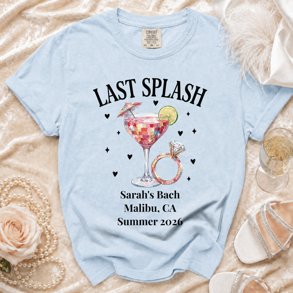 Light blue t-shirt with "LAST SPLASH" and bachelorette party details.