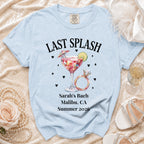 Light blue t-shirt with "LAST SPLASH" and bachelorette party details.
