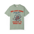 Green t-shirt with "Her Last Rodeo Jennifer's Back" and cowboy boot design.