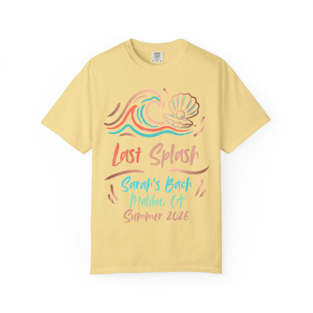 Yellow t-shirt with "Last Splash Sarah's Bach Malibu CA Summer 2026" text and wave graphics.