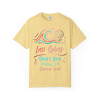 Yellow t-shirt with "Last Splash Sarah's Bach Malibu CA Summer 2026" text and wave graphics.