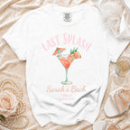White t-shirt with "Last Splash Sarah's Bach Malibu, CA Summer 2026" and cocktail graphic.