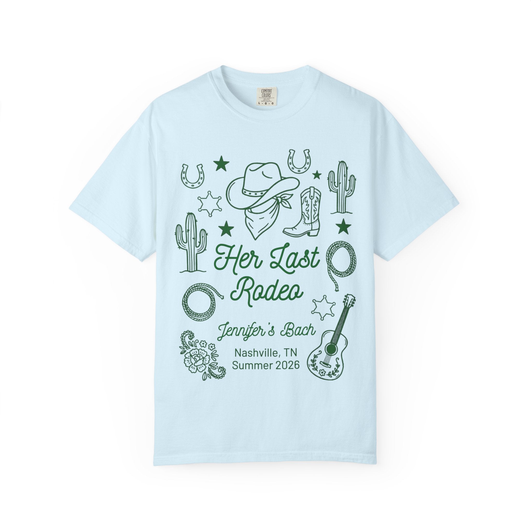 Light blue t-shirt with "Her Last Rodeo" text and Western motifs.